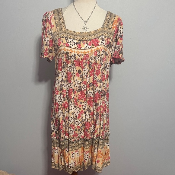 JODIFL Dresses & Skirts - JODIFL Cream Midi Dress with Coral and Mustard Floral Print